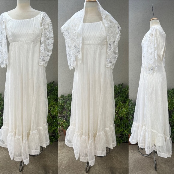 Vintage white Maxi boho chiffon dress beaded with shawl custom made XS - Picture 1 of 14